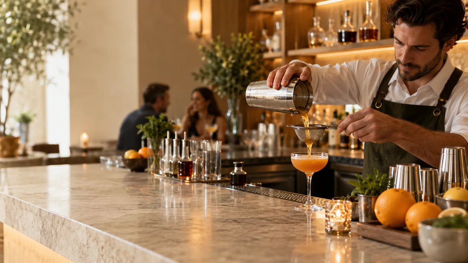A bartender finishing a cocktail at a busy bar, tickets and tabs running behind the counter.