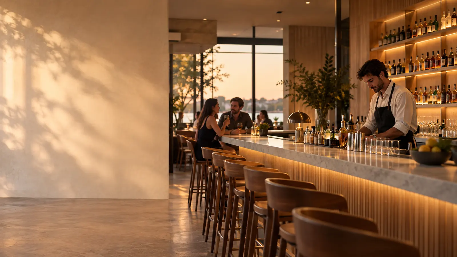 A neighbourhood bar at service, staff working the counter and the floor together.