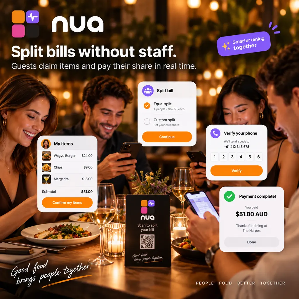 Guests at a shared table settling a bill split across several cards.