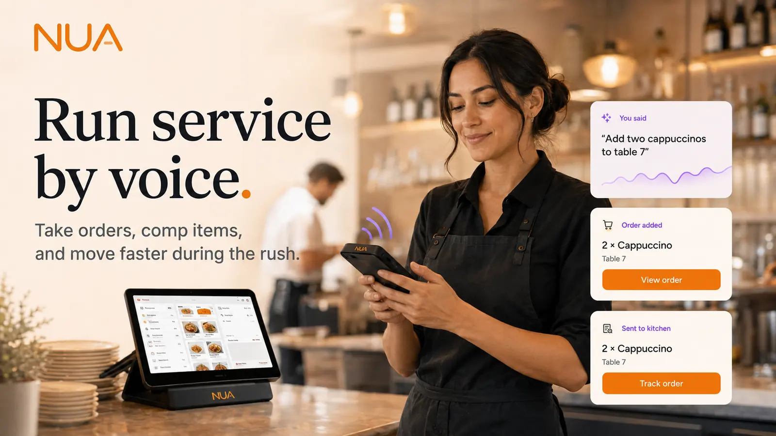 A barista working the machine with both hands while placing an order by voice.