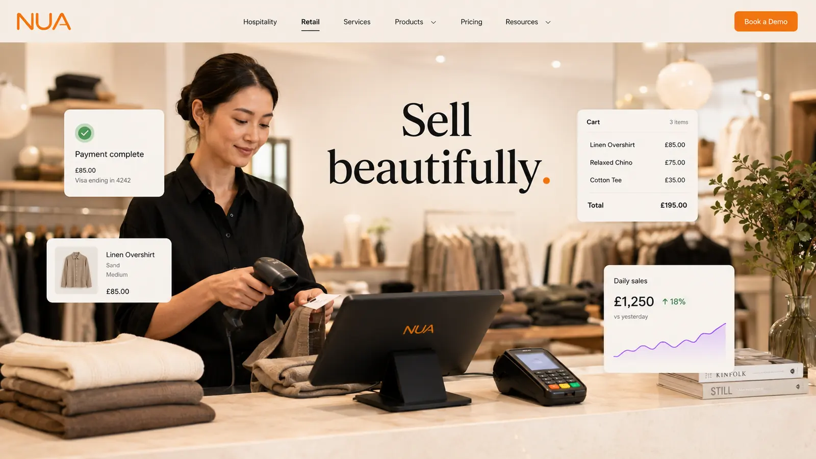 A boutique counter mid-sale, with the terminal showing the item being rung up.